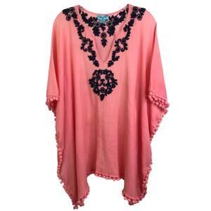 Letarte Handmade Cover Up Womens S Salmon Pink Embroidered Floral Beach Pompom